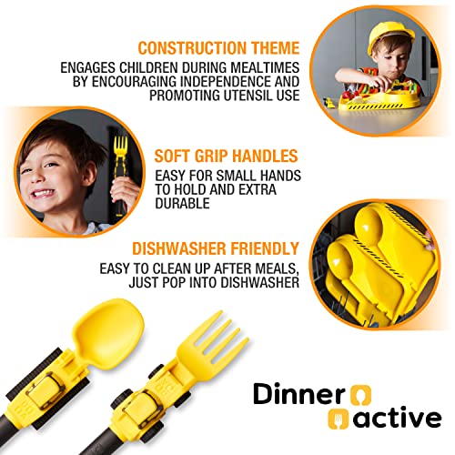 Dinneractive Utensil Set For Kids – Construction Themed Toddler Forks And Spoons, Toddler Utensils – 2-Piece Set – Yellow Construction Utensils For Toddlers - Loader & Tractor Toddler Spoons And Forks #TOP2