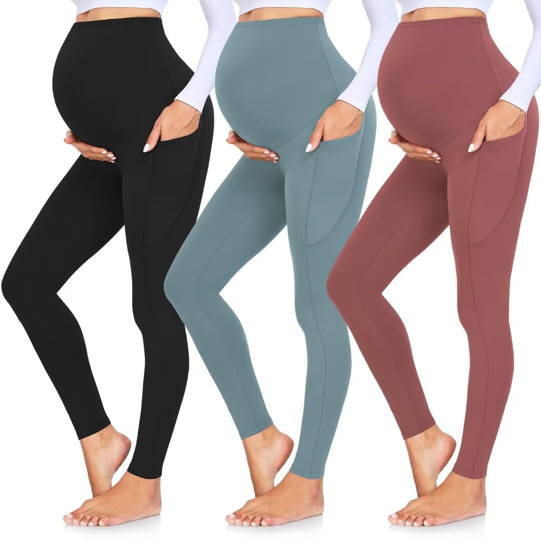 GROTEEN 3 Pack Women's Maternity Leggings with Pockets Over The Belly Workout Yoga Pregnancy Pants