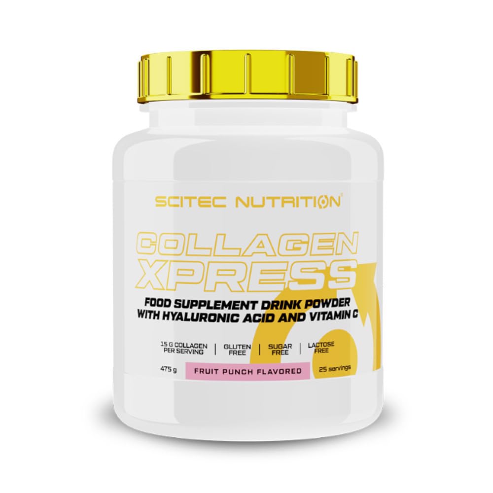 Scitec Nutrition Collagen Xpress, Boisson en poudre aromatisée contenant des acide hyaluronique, vitamine C et des édulcorants, sans sucre et sans gluten, 475 g, Punch aux fruits