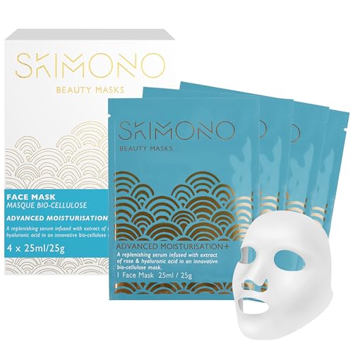 Skimono Hydration Boost Korean Face Mask (4 Pack), Bio-Cellulose Sheet Masks with Hyaluronic Acid, Rose & Honey, Luxury Hydrating Facial Masks for Glass Skin & Radiant Glow