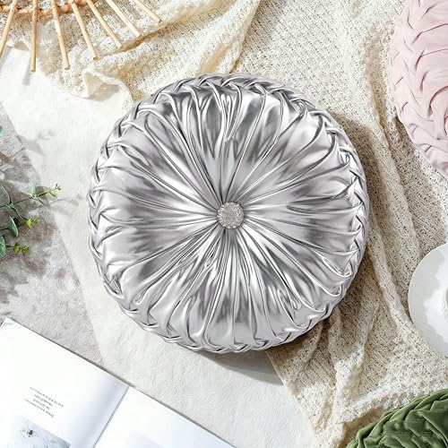 Image of HIG Set of 2 Handcrafted Silver Ruched Round Throw Pillows - 14.5'' Metallic Leather Decorative Pillows with Soft Polyester Filling for Couch, Bed, Living Room, Bedroom, or Dorm
