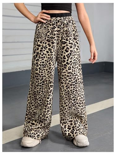 Image of Floerns Girl's Leopard Print Patched Drawstring Waist Wide Leg Y2k Pants