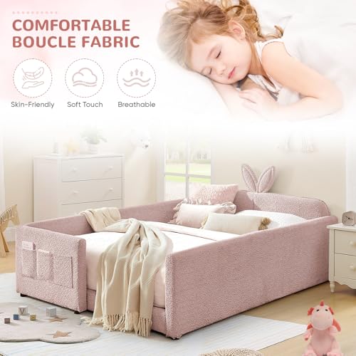 Image of Full Size Kids Bed with Rabbit Ear Headboard, Upholstered Boucle Fabric Full Daybed with Slats Support & Side Pockets, Space-Saving Wooden Corner Sofa Couch Bed Frame for Girls, Boys, Teenager(Pink)