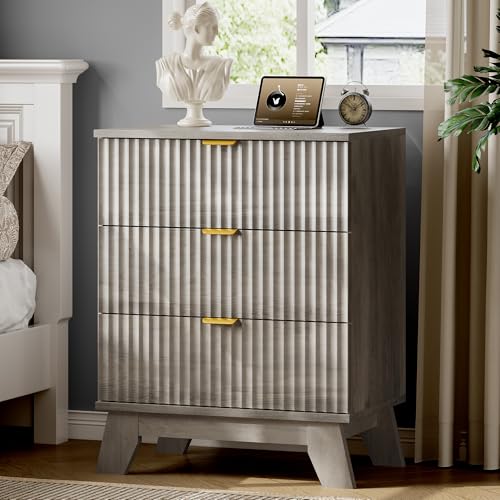 Image of Xixini Fluted Nightstand with Charging Station, Tall Bedside Table, Grey