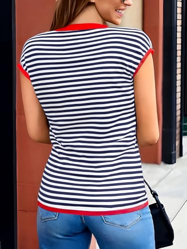 Image of Cap Sleeve Tops for Women Summer Striped Short Sleeve Sweater Top Crew Neck Sleeveless Vest Spring Going Out Shirts