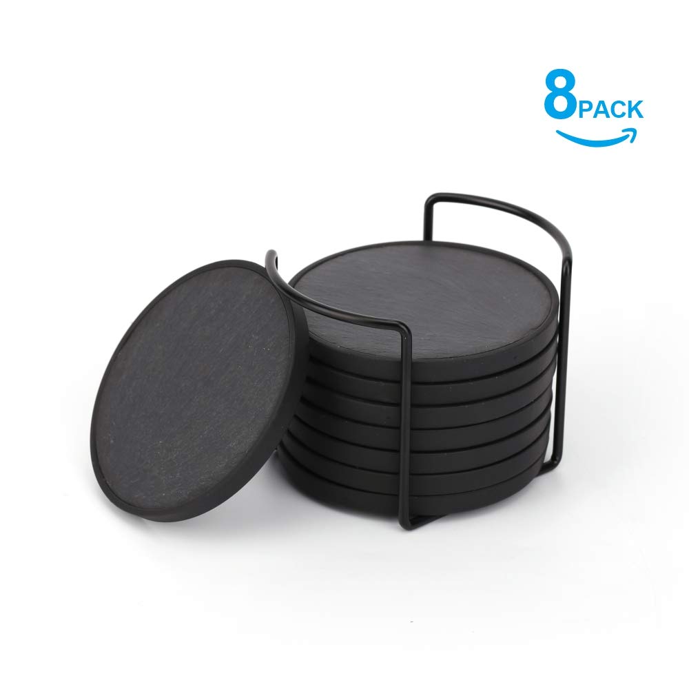 KITCHENDAO Slate Stone Drink Coasters with Holder - Detachable Non-Scratch and Non-Slip Ring - Condensation Prevent-4 Inch Handmade Round Coaster Set-Tabletop Protection for Any Bar Home Décor-8 Pack