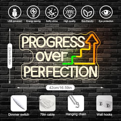 Image of Horseneon Progress Over Perfection Neon Sign Classroom LED Wall Decor for Students, Teachers & Study Areas, USB-Powered with Adjustable Brightness