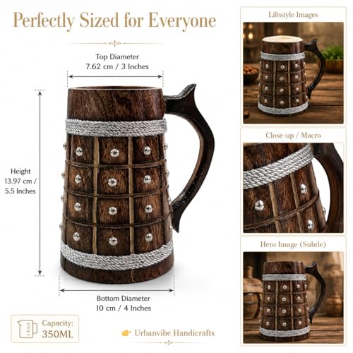 Image of Handmade Wooden Beer Mug, Wood with Sheesham Finish, Barrel Style, Lightweight & Durable, for Craft Beer, Home Bar, Cafe, Party, Gift(350ml) (Barfi with Studds)