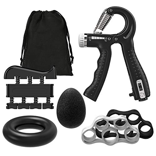 Rhino Valley Hand Grip Strengthener, Counting Forearm Trainer Workout Kit (5 Pack), Adjustable Hand Grip Strengthener, Grip Ring, Finger Stretcher, Finger Exerciser and Stress Relief Grip Ball, Black