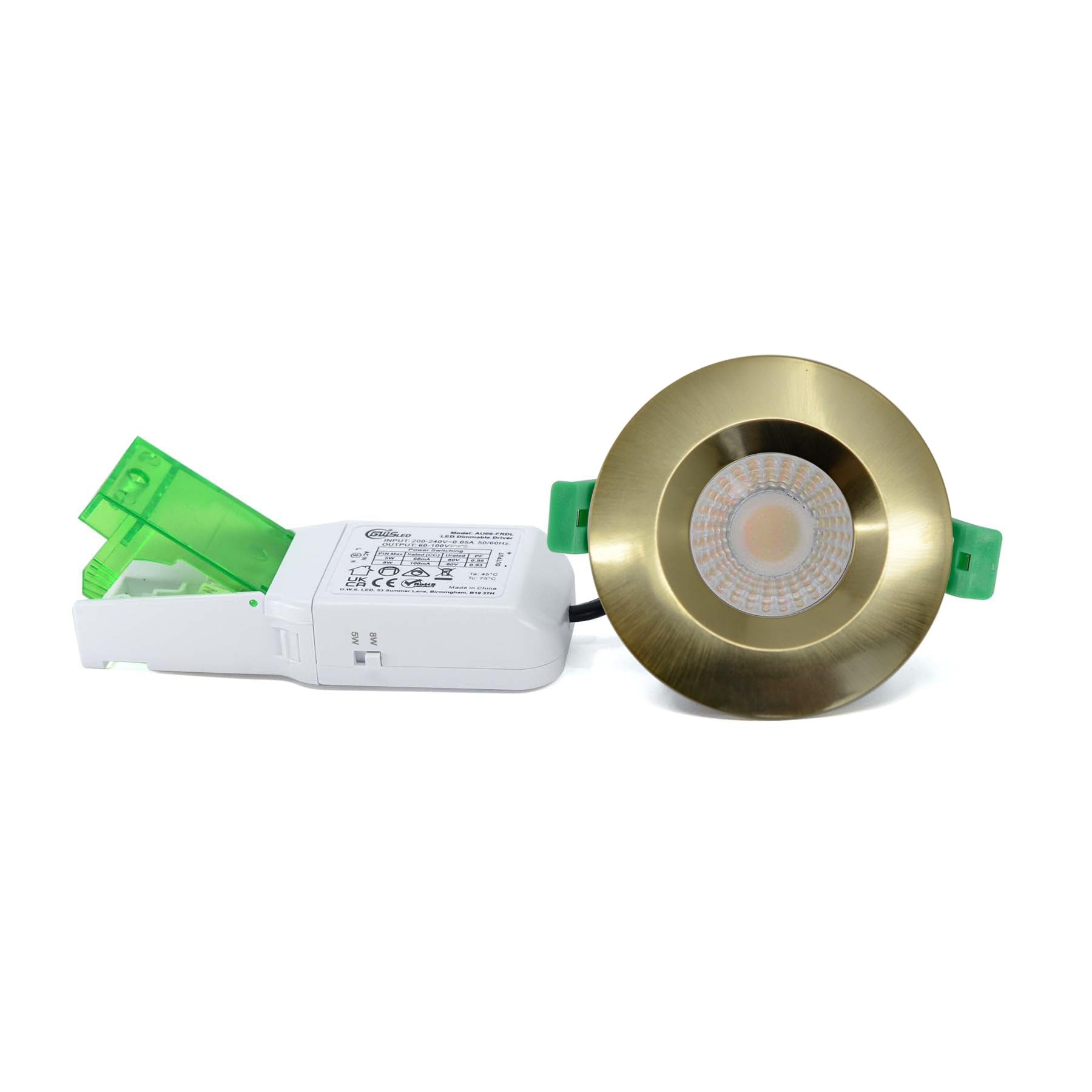G.W.S® Fire Rated LED Downlight, Brushed Brass Bezel, 4CCT, Dual Wattage 5W/8W, Dimmable, IP65, 30, 60 & 90 Minutes Fire Safe, Pack of 4 — image 1