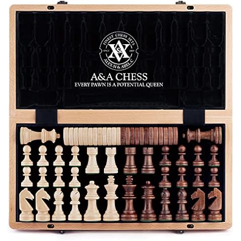 A&A 38cm hölzerne klappbare Schach & Dame Set / 7.6cm König Höhe Staunton Schachfiguren - Buchenkiste Box mit Ahorn & Nussbaum Intarsien Cover