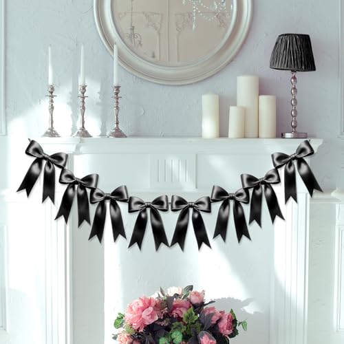 Image of 1 String of 8PCS Black Bow Garland Banner Decoration,Pre-Strung Satin Ribbon Ornaments for Birthday,Bachelorette Party,Bridal Shower,Wedding,Engagement,Baby Shower,Graduation Decor,Anniversary
