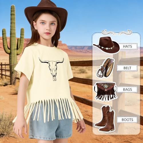 Image of Wrenpies Girls Western Fringe Shirt Long Live Cowgirls Country Rodeo Shirts Kids Cow Skull Graphic Tees Tassel Fringe Tops