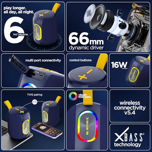 Image of Nu Republic SonicPop 2000 Portable Bluetooth Speaker | 16W Loud Sound, XBASS Deep Bass, RGB Lights, 66mm Driver, TWS Pairing, BT 5.4, Multi-Port, 6 Hrs Playtime, Carry Strap (Blue)