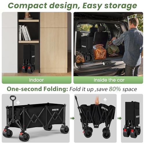 Image of Beach Wagon Carts Foldable 580LBS Collapsible Wagon with Big All-Terrain Wheels for Sand 340L Heavy Duty Utility Carts with Cup Holders for Garden, Camping, Grocery, Black