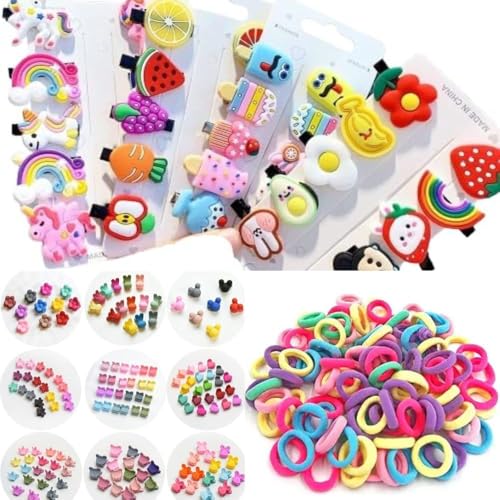 Image of 129Pcs combo Baby Hair Accessories 20pcs Mini Hair Clip 10 pcs Cute Fruit Cartoon Animal 100pcs Baby Hair Ties for Girls and Kids Hair Pin for Kids & Small Girls (Random Designs)