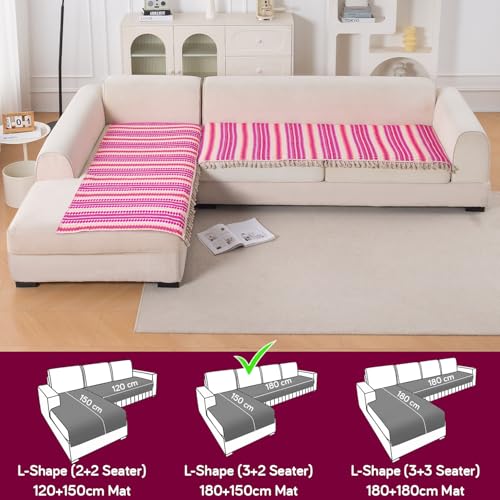 Image of HOKIPO 'Artisan Boho Series' L Shape (3+2 Seater) Seat Mat for Sofa | Thick 450 GSM Cotton Acrylic Jacquard Fabric Cover with Tassel, Fuchsia Pink (IN-904+903-A5)