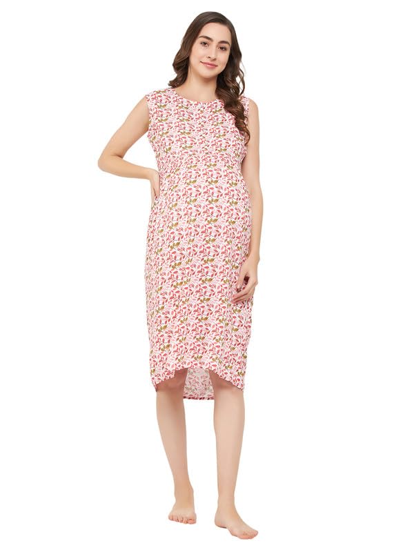 Image of Clovia Women's Rayon Printed Maternity Short Night Dress- White