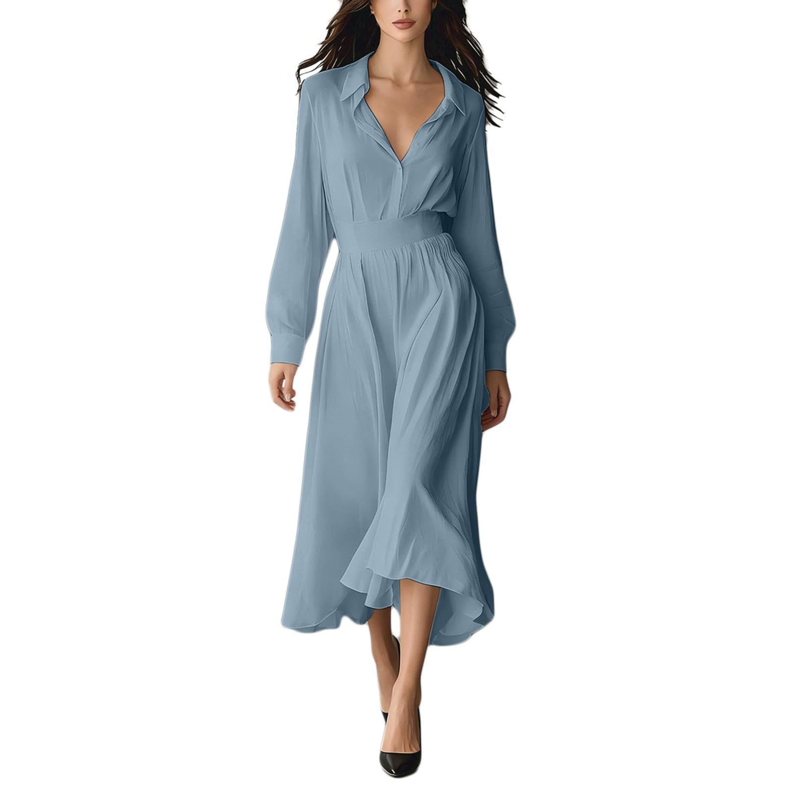 Elegante Vestido de Estilo francés Que se Ajusta a la Figura, de Estilo Veraniego, con Mangas largas y Falda drapeada de Largo Medio, Adecuado Tanto para el Trabajo como para Ocasiones Informales.