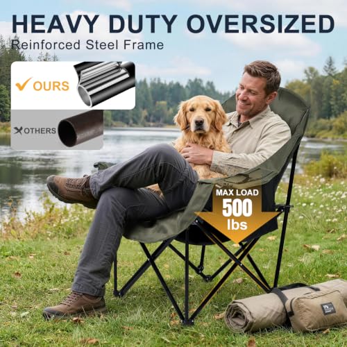 Image of Oversized Camping Chairs for Adult - Heavy Duty Padded Portable Folding Chair XL Collapsible Camp Chair with Cup Holder Cooler Pockets for Outdoor Lawn Beach Sport Fishing Support 500LBS, Green Grey