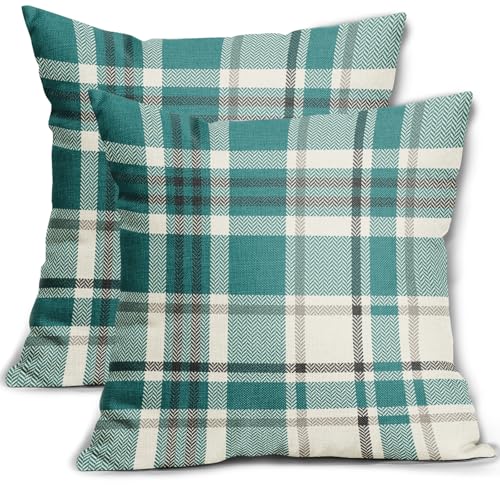 Aytipun Teal Plaid Pillow Covers 18x18 Set of...