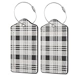 2 Pack Leather Luggage Tag for Suitcase Black White Plaid Checkered Unique Travel Tags with Privacy Cover ID Label & Stainless Steel Loop for Men and Women Baggage