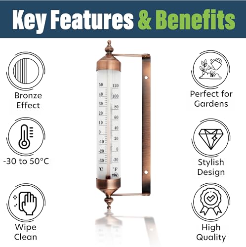 Image of Outside Thermometer with Bronze Effect Design - Stylish 9.5 Inch Decorative Outdoor Thermometer Waterproof Suitable for Outside Wall Garden Greenhouse Patio Garage