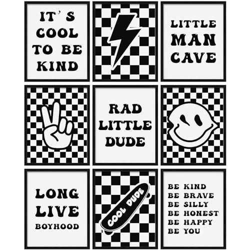 Image of Eersida 9 Pcs Retro Checkered Preppy Lightning Peace Sign Long Live Boyhood Rad Little Dude Poster Prints Boys Poster Gifts for Boy Room Dorm Decor Wall Art Unframed 8 x 10 Inch(Black)