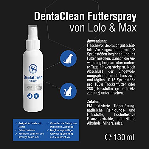 Lolo & Max DentaClean Futterspray - 130ml Flasche - Dentalspray für Hunde, Katzen & Co. - Zahnreinigung Hund - Gegen Mundgeruch - Dentalspray für Hunde Zahnstein