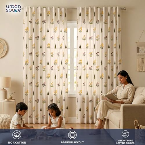 Image of Urban Space 100% Cotton Window Curtains 5 Feet (Set of 2) | 60-65% Room Darkening Window Curtains | Hanging Styles - Rod Pocket, Back Loop & Track Channel | Tieback Included (High Garden Yellow RD)