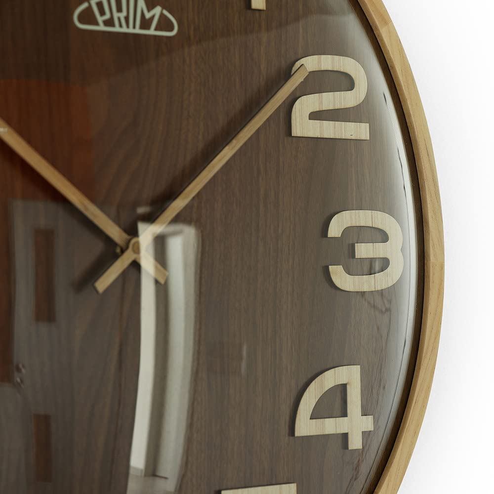 PRIM Reloj de Pared de Madera de Lujo Timber Veneer, Color marrón, con números Grandes 3D, Esfera chapada, Cristal Curvado, Motor Paso a Paso de Cuarzo