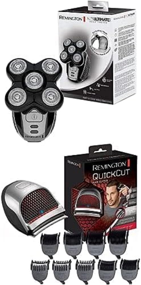 Remington Haarschneide Set: Haarschneidemaschine HC4250 [Edelstahlklingen, 9 Aufsteckkämme, Tasche] + Glatzen-Rasierer Herren XR1501 [elektrisch, 5 Scherköpfe, glattes Rasurergebnis mit max.0,2mm]