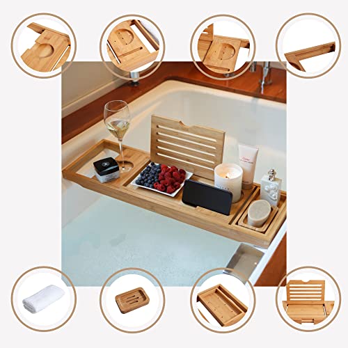 Enlux Bamboo Bathtub Caddy Tray, Expandable Bathtub Caddy Tray For Luxury Bath, Includes Cotton Towel, Soap Dish, Wine Glass Slot And Tablet Holder, Best Gift #TOP2