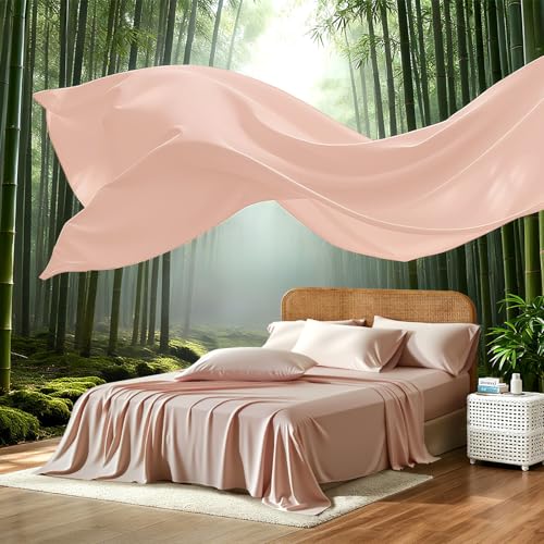 Image of 100% Viscose Derived from Bamboo Sheets Queen Size, Soft & Cooling Viscose from Bamboo Sheets Set, Organically Grown,Breathable & Soft Deep Pocket Up to 18 Inches(Light Pink)