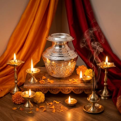 Image of Brass Ashtalakshmi 7 Inch German Silver Finish Kalash 2Ltr Capacity Puja Lota for Pooja Mangal Pot for Home Temple Decoration Hindu Religious Water Vessel