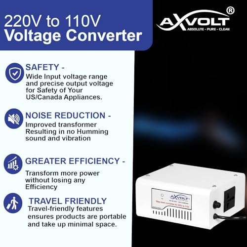 Image of Axvolt 220V to 110V Copper Step Down Transformer Voltage Converter | 210W Transformer for US Appliances in India | Compact Travel-Friendly | White Color