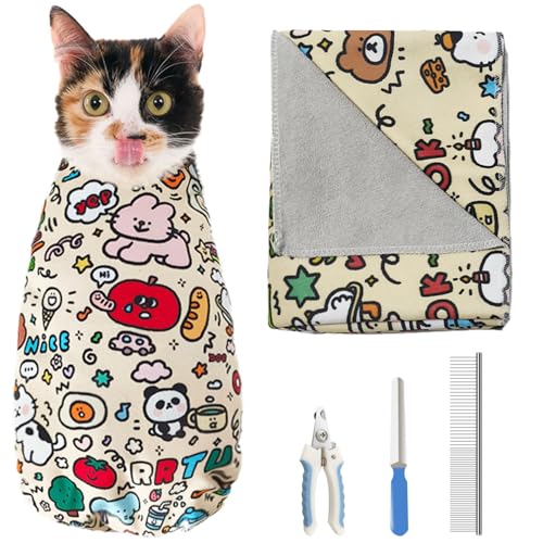 4 Pieces Cat Grooming Wrap with Relaxation Cat Nail Clipper Set 27.6 Inches Cat Wrap Anti-Scratch Cat Swaddle Wrap Anti-Escape Cat Burrito Wrap for Medicine Nail Clipping Teeth Brushing Ear Cleaning