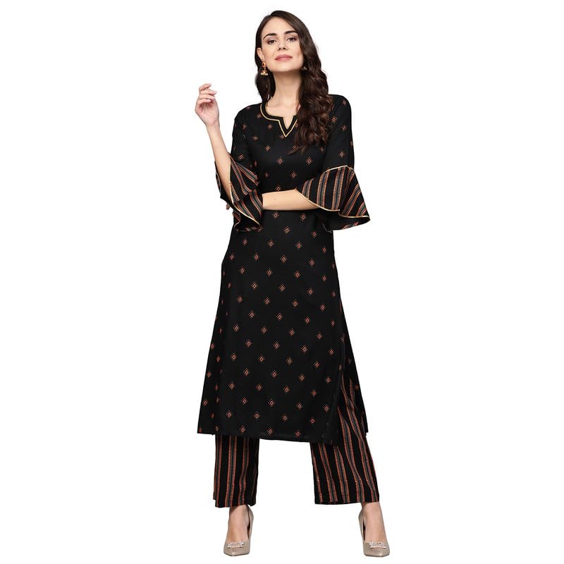 Image of idaLia Women Rayon Black Gold Printed Kurta Set | Straight Fit Kurta with Pants | 3 /4 Sleeves | V-Neck Ethnic Wear for Office, Casual & Festive