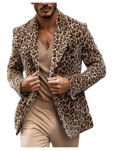 VENNYNG Men's Leopard Print Coat Warm Jacket Party Blazer Gifts