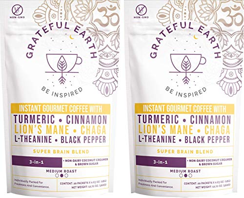 Grateful Earth: Super Brain Blend 3-in-1 Instant Gourmet Coffee with Turmeric, Cinnamon, Lions Mane, Chaga, L-Theanine, Black Pepper - 2 Packs (40 Packets) - Medium Roast - No Dairy - Immune Support