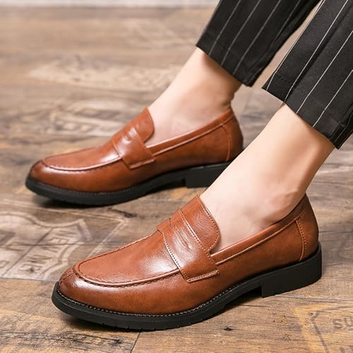 Men's Round Toe Chunky Leather Casual Loafers, Fashionable Slip-On Convex Non-Slip Retro Formal Penny Loafers4