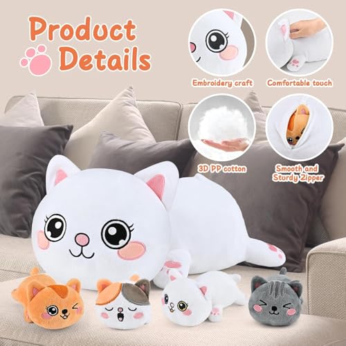 Image of KMUYSL Cat Stuffed Animals Toys for Ages 0 1 2 3 4 5 6 7 8+ Years Old Kids - Mommy Cat with 4 Baby Kitty in Her Tummy, Idea Xmas Birthday Gifts for Baby, Toddler, Girls, Boys
