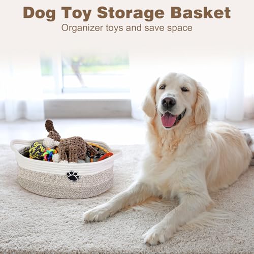 Image of Optish Dog Toy Basket, Toy Box and Bin for Dog Cat Storage, 13.5 inch X 11 inch X 5 inch Small Woven Rope Basket for Baby Storage, Closet, Living Room, White & Brown