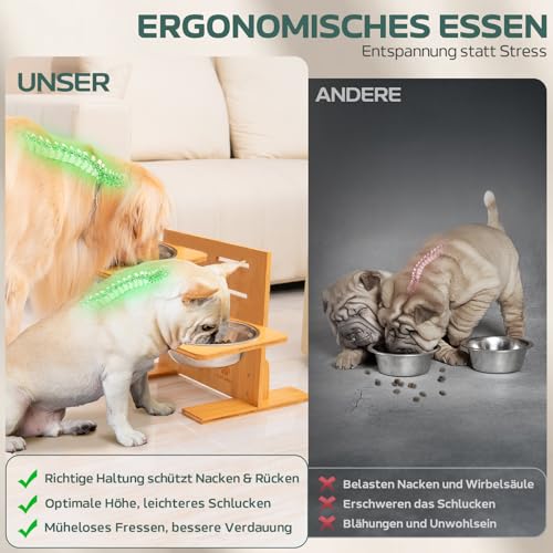 Mora Pets Hundenapf Erhöht Futternapf für Hund mit 4 Höhenverstellbar Futterstation Hunde Napfset aus Bambus Hundebar für Kleine, Mittelgroße, Große Hunde, mit 2 Edelstahl Hundeschüsseln (1,5L x 2)