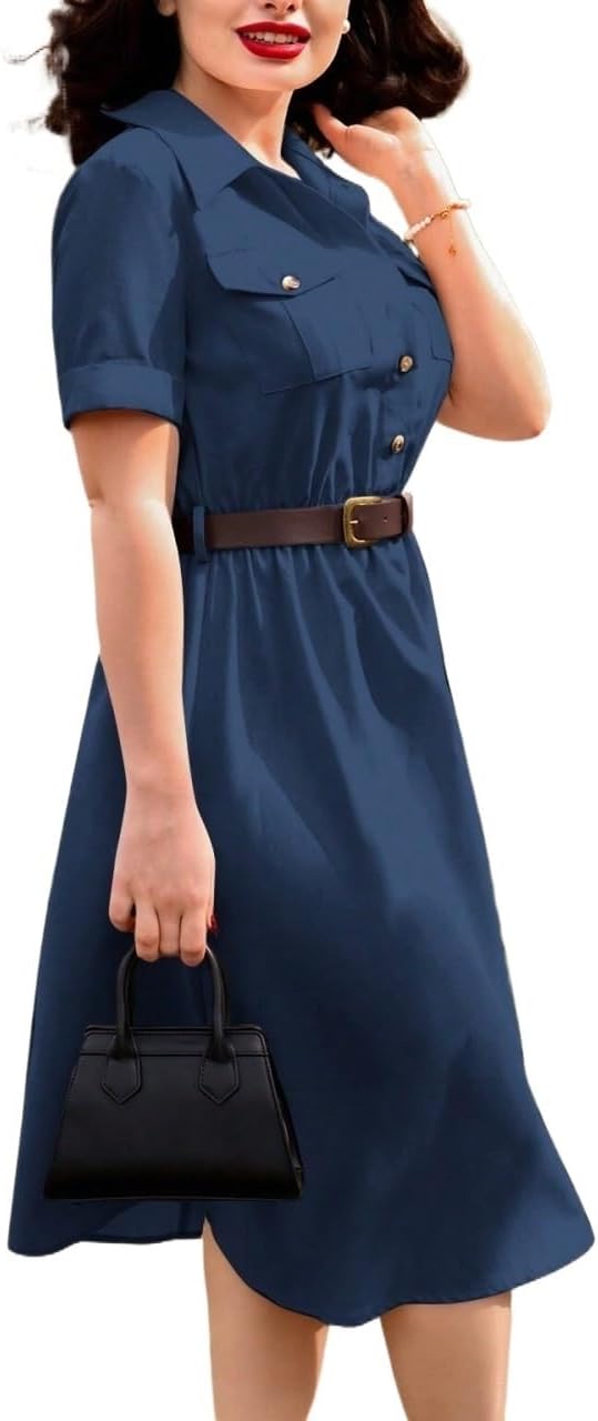 Womens Vintage Elegant Short Sleeve Shirt Collar Dress With Pockets Knee Length Dresses For Women
