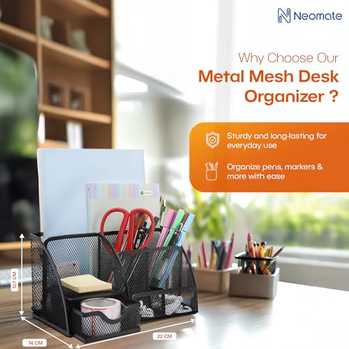 Image of Neomate Metal Mesh Pen and Pencil Organizer | 6-Compartment Stationery Storage Box for Home & Office Accessories