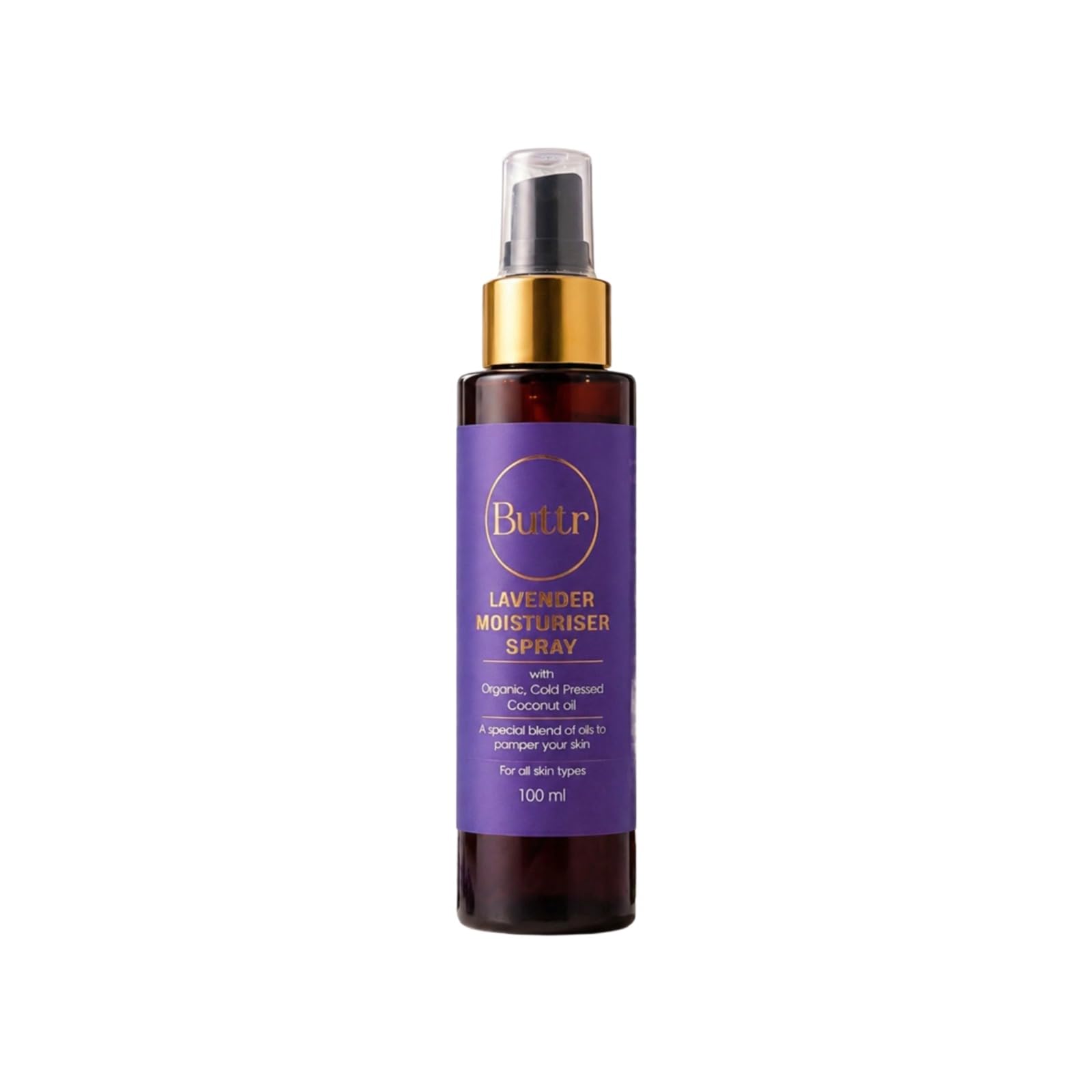 buttr lavender moisturiser spray organic cold pressed coconut oil hydrating body mist for all skin types, lightweight non greasy skin nourishing moisturizing spray, 100 ml