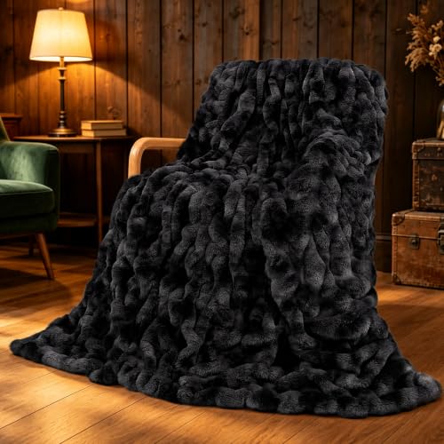 VFROO 700GSM Faux Fur Throw Blanket, Ruched Soft Fuzzy Blankets,Warm Cozy