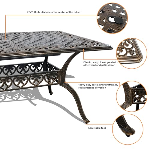 Image of Rectangle Patio Table 59 inch Cast Aluminum Patio Dining Table with 2.56 inch Umbrella Hole, Weather-Resistant Outdoor Dining Table for 6-8 Person, Balcony Garden Table 59 inch x 35.5 inch x 29 inch, Bronze