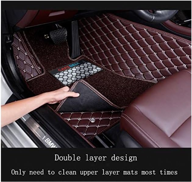 Image of CAPEDELL 7D Premium Car Floor Mat Compatible with Vinfast VF7 ||Luxury Leather Double Layered Mat||Set of 3pcs||Waterproof and Washable||Colour:-Coffee with Golden
